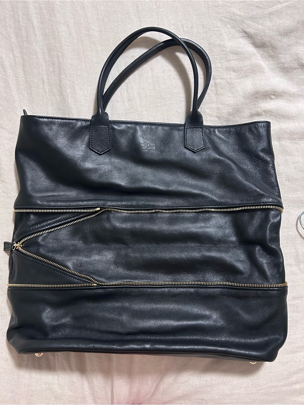 Vintage Longchamp Black Leather Expandable Tote with Gold Zipper Detail